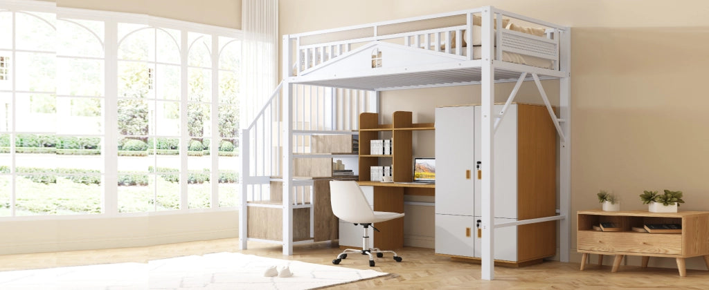 Letto a soppalco in metallo con scala contenitore; protezione a finestra e spazio sotto il letto; bianco; 90x200 cm; senza materasso