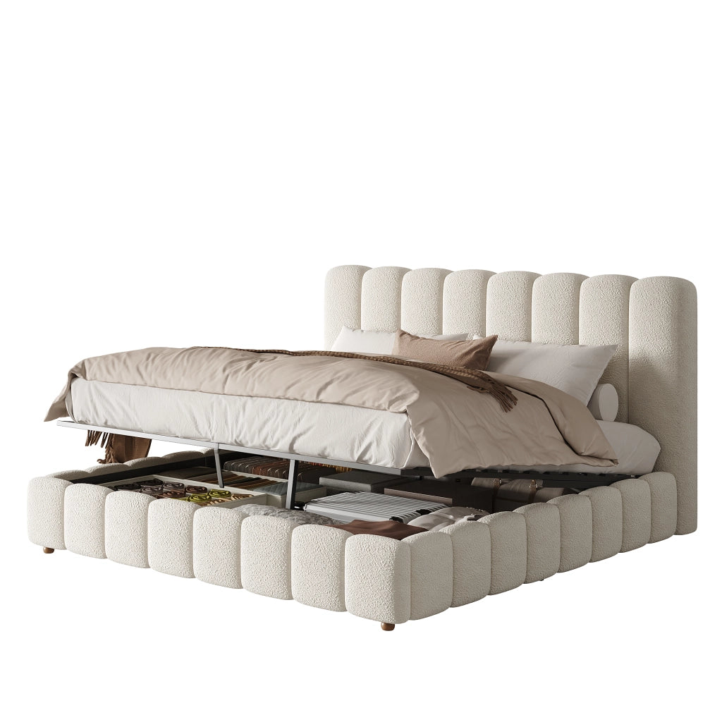 Letto matrimoniale in bouclé bianco 160x200 sollevamento idraulico doghe testiera