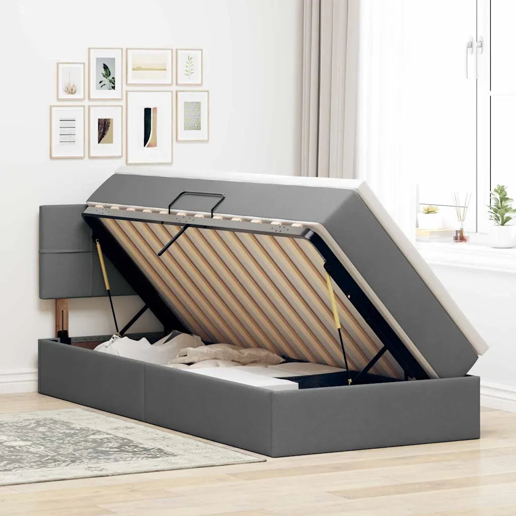 Letto con contenitore e LED Grigio scuro 90 x 190 cm Tessuto