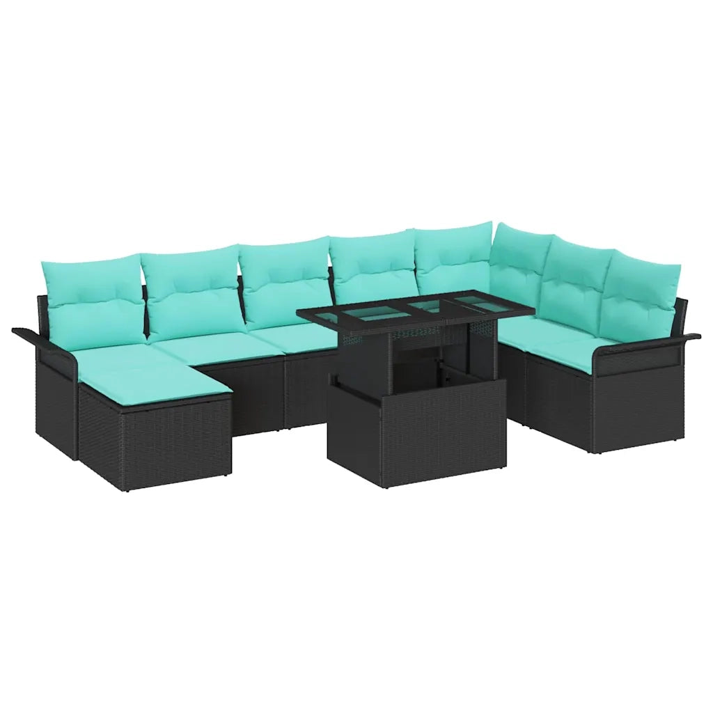 Set Divano da Giardino con cuscino 9 pcs Nero Poly Rattan 3348342