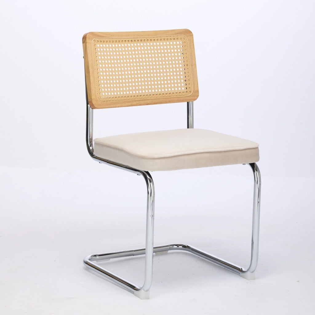 Set di 2 sedie da pranzo in stile Mid-Century Modern, sedie con rivestimento in velluto, schienale in canna naturale e base in acciaio inox cromato, f