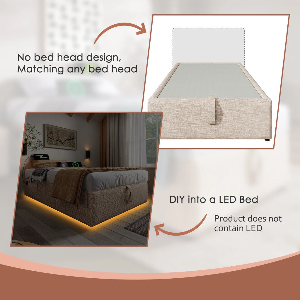 OKWISH Letto contenitore 90×200 cm, Letto Singolo con USB, Type C e Tasca Laterale, senza Materasso, in Lino, Beige Naturale
