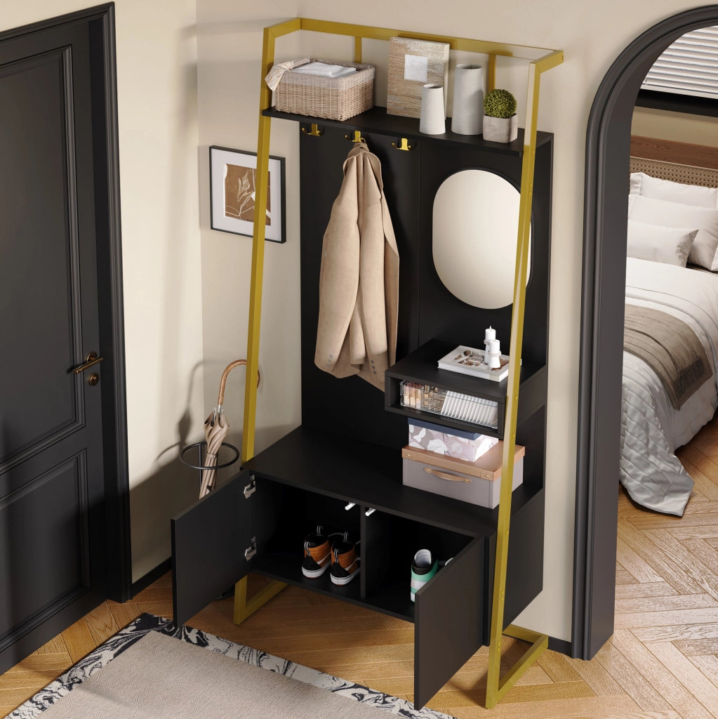 Guardaroba da ingresso 78x38.5x180.5 cm con specchio e vano scarpe nero