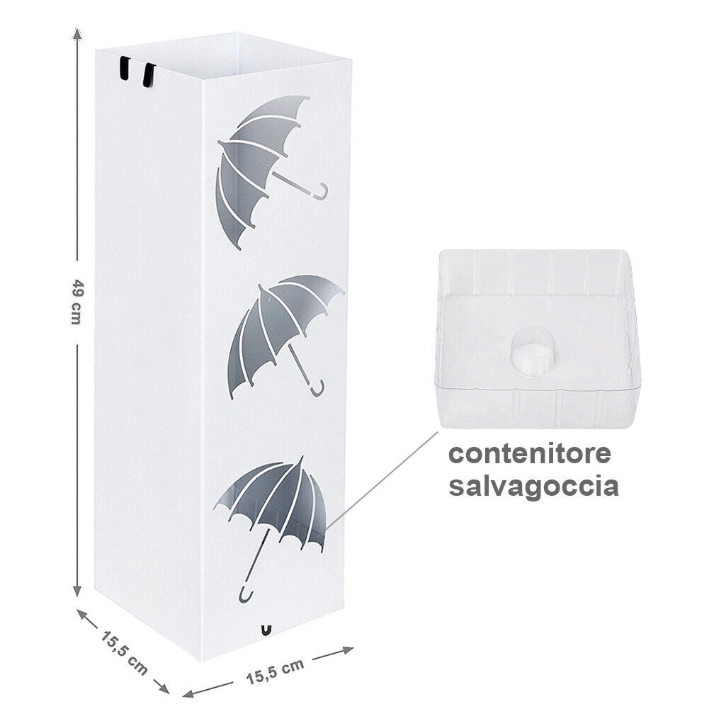 Portaombrelli Ferro Design Quadrato Stand Bianco Vaschetta Salvagoccia