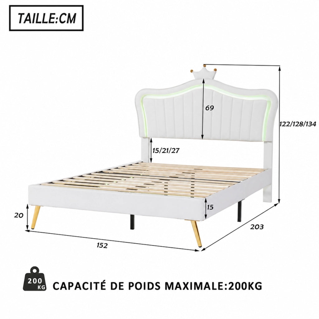 LETTO imbottito bambini 140x200 cm bianco con LED