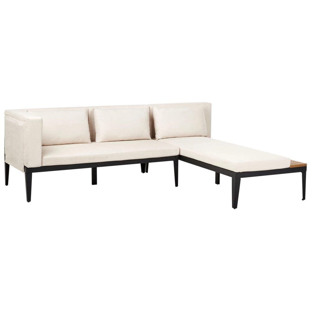 Set da giardino divano angolare 4 posti in legno di acacia certificato con tavolino e pouf cuscini beige chiaro lato sinistra
