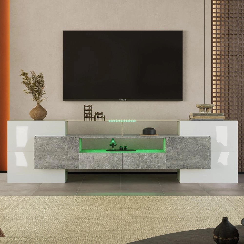 Mobile TV Lowboard Bianco Lucido con LED ¨C Xylo ¨C 200 cm, Vetro, Soggiorno