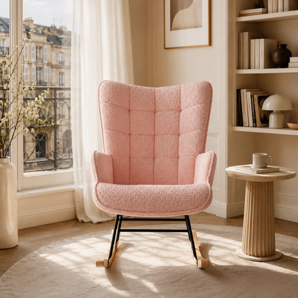 Sedia a dondolo relax poltrona rosa teddy, schienale alto imbottito, base in legno e metallo, ideale per soggiorno e camera da letto