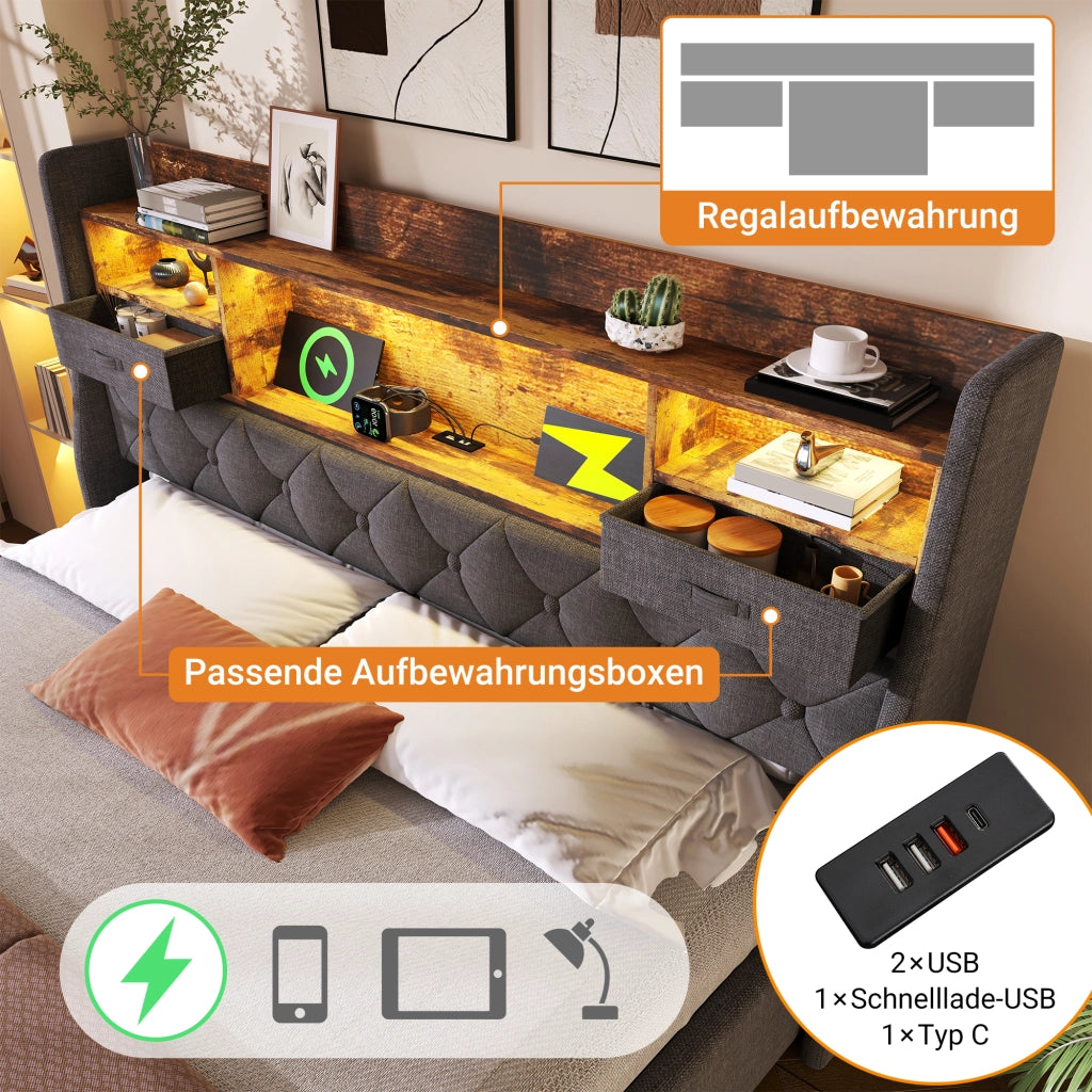 DESMIU Letto contenitore 140 × 200 cm 2 posti con LED, USB, Type-C, materasso incluso, in lino grigio