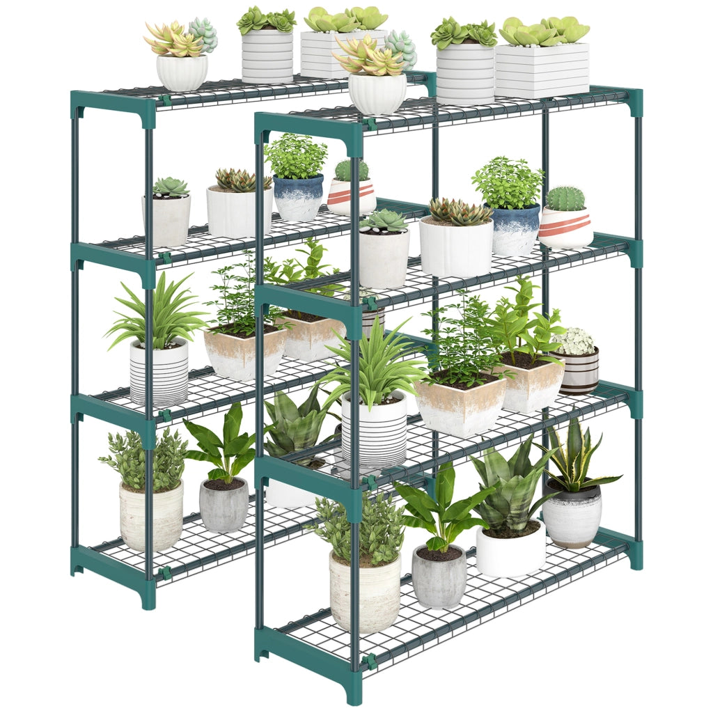 Set di 2 Scaffali per Piante a 4 Livelli in Acciaio con Ganci, 90x28x104 cm, Verde