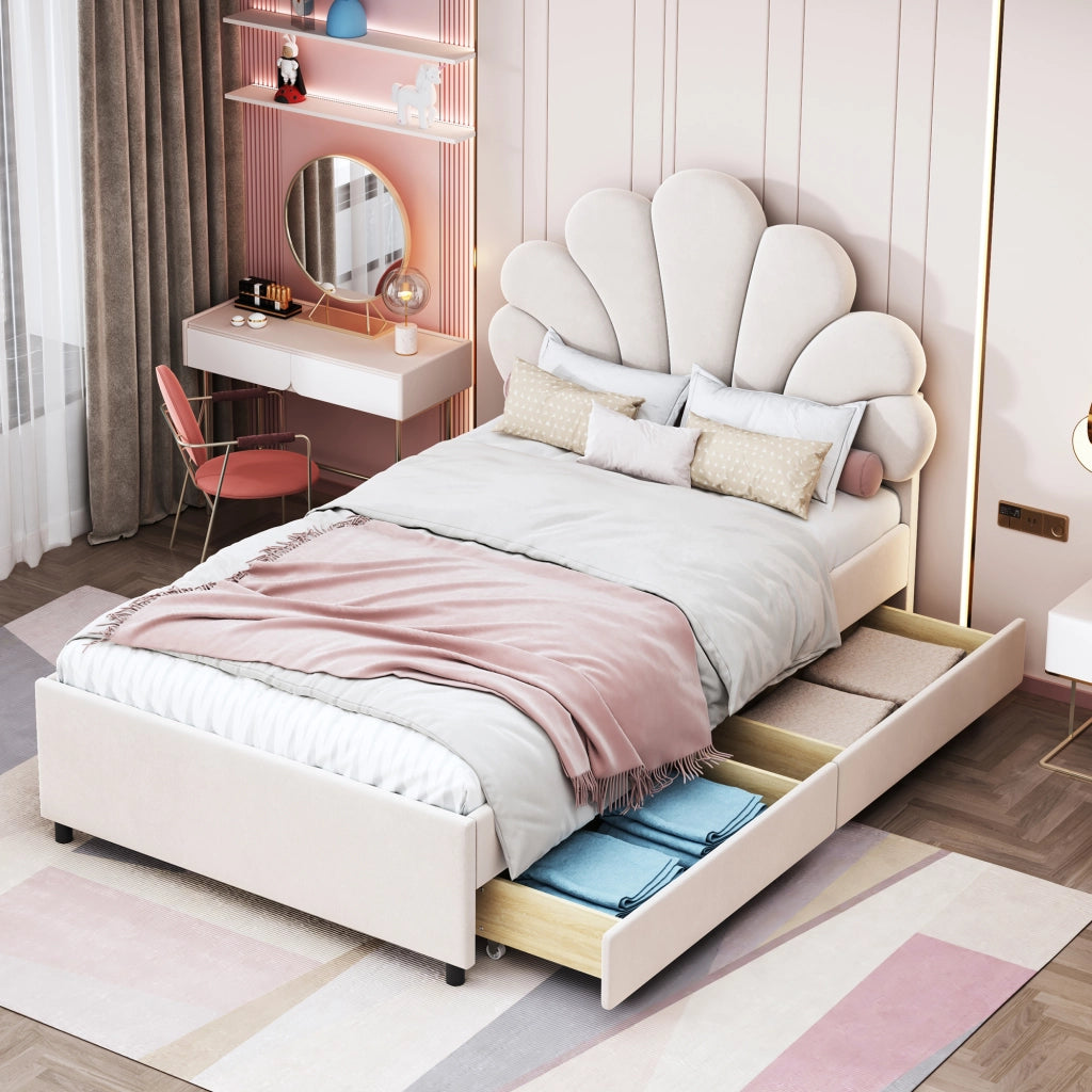 LETTO Imbottito 90x200 cm Beige con 2 cassetti
