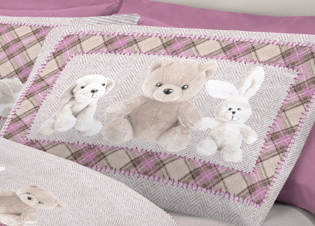 Completo Lenzuola Flanella Pensieri Delicati 100% Cotone Dis. Peluches Rosa - Matrimoniale - Rosa