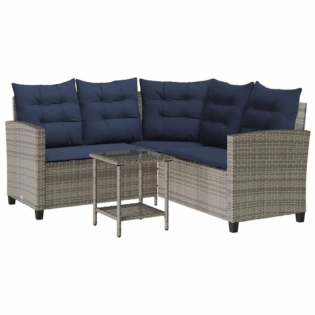 Divano da Giardino con Tavolo e Cuscini a L-Sofa da Giardino-Divano da esterno Grigio Polyrattan 283208