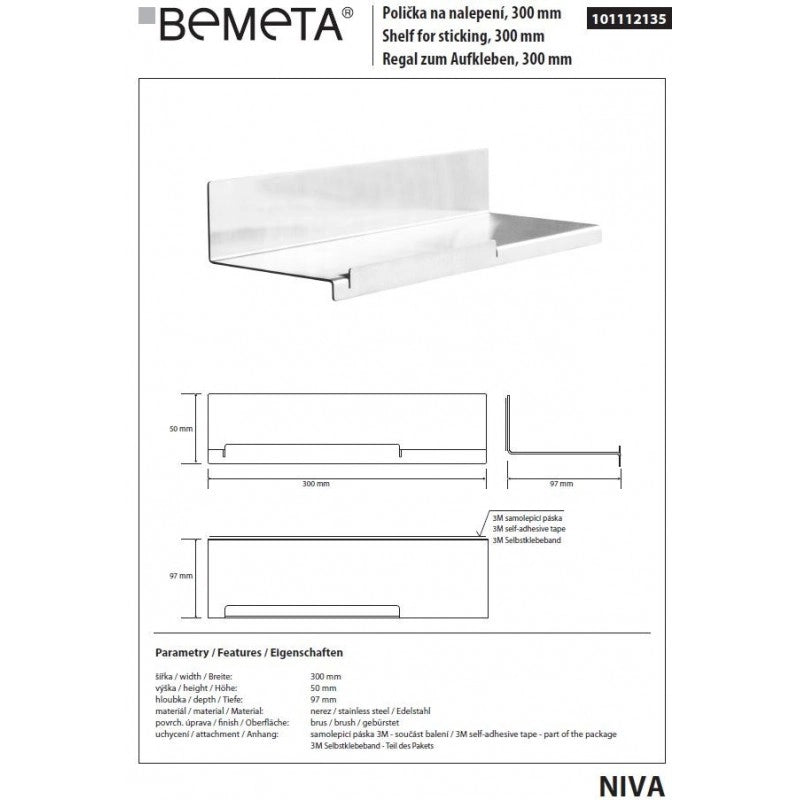 Mensola con portaoggetti NIVA in acciaio inox con adesivo 30 x5 x9,7 cm