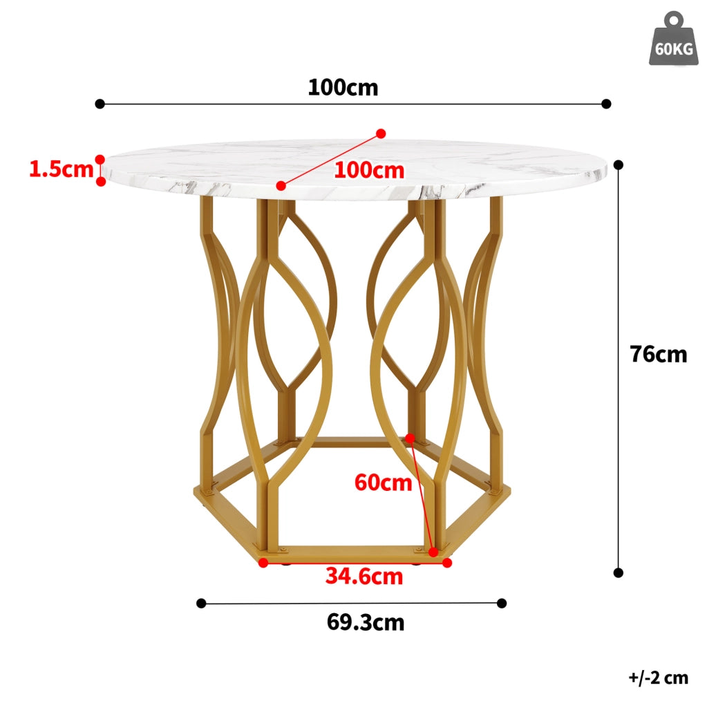 Tavolo da pranzo rotondo 100x100x76 cm in MDF e metallo; bianco e oro