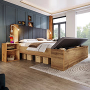DESMIU Letto Matrimoniale 160 × 200 cm con Lampada da Lettura USB, 2 Comodini, Panca Contenitore, senza Materasso, Rovere