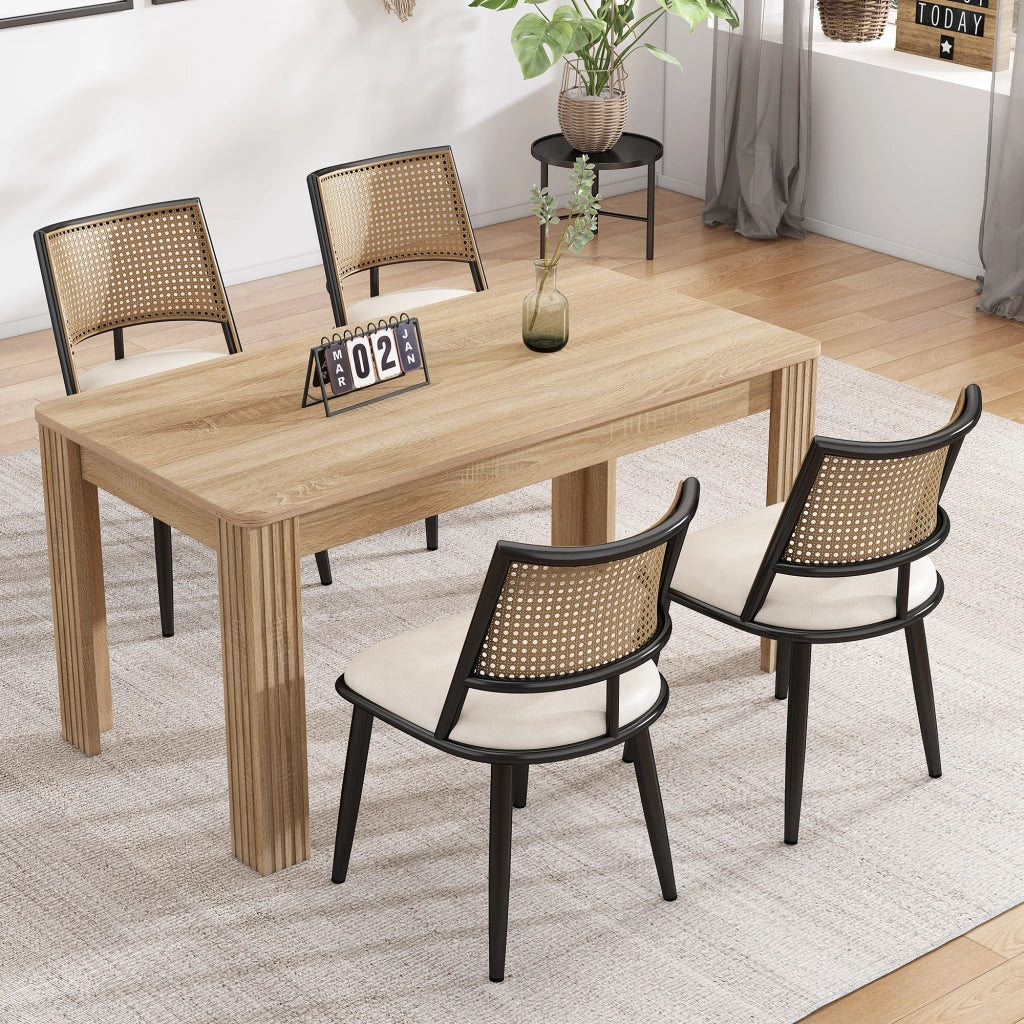 Sedia da pranzo 4 pezzi con seduta in PU, schienale in rattan, struttura in metallo, Nero