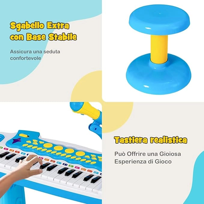 Pianoforte Digitale per Bambini 31 Tasti, Tastiera Elettronica Portatile, con Microfono e Luci, Funzionamento Registrazione e Playback, 3+ Anni, 45x23x45 cm (Blu)