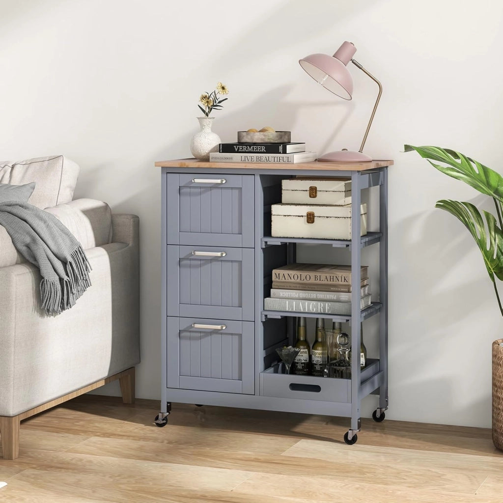 Carrello da Cucina con Ruote, Credenza Cucina con 4 Ripiani e 3 Cassetti, in Legno, Ideale per Cucina Ristorante e Bar, 67 x 37 x 83,5 cm (Grigio)
