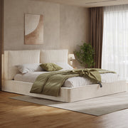 DESMIU Letto contenitore 180 × 200 cm 2 posti con vano idraulico e testiera, senza materasso, in velluto a coste beige