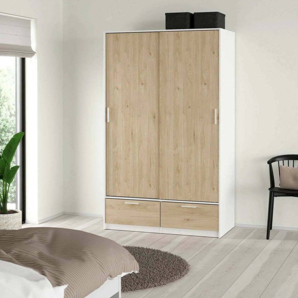 Guardaroba 2 ante Kammuri, Mobile camera da letto, Cabina armadio portabiti, Armadio appendiabiti, 121x60 h200 cm, Bianco e Rovere