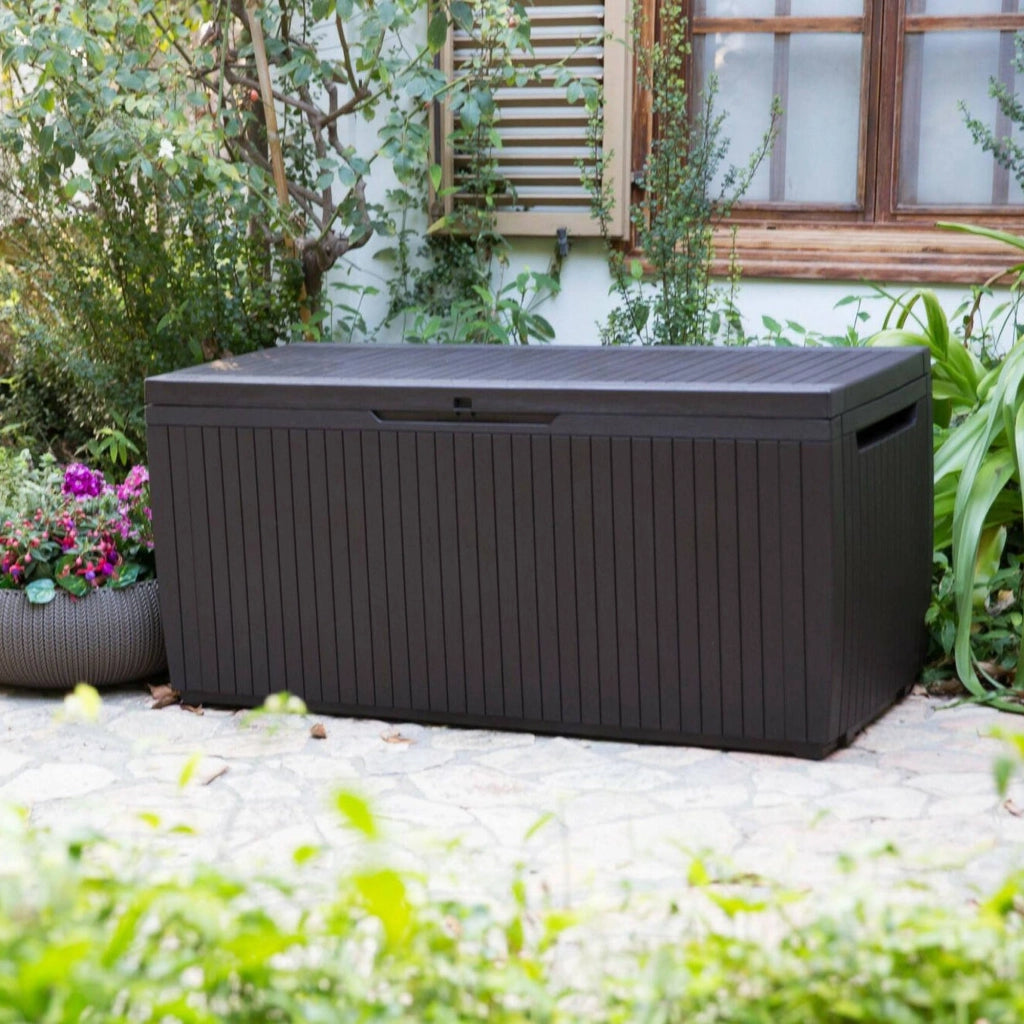 Cassapanca outdoor Burlington, Baule da giardino, Contenitore da esterno, Panchina contenitore da esterno, 123x54 h57 cm, Marrone