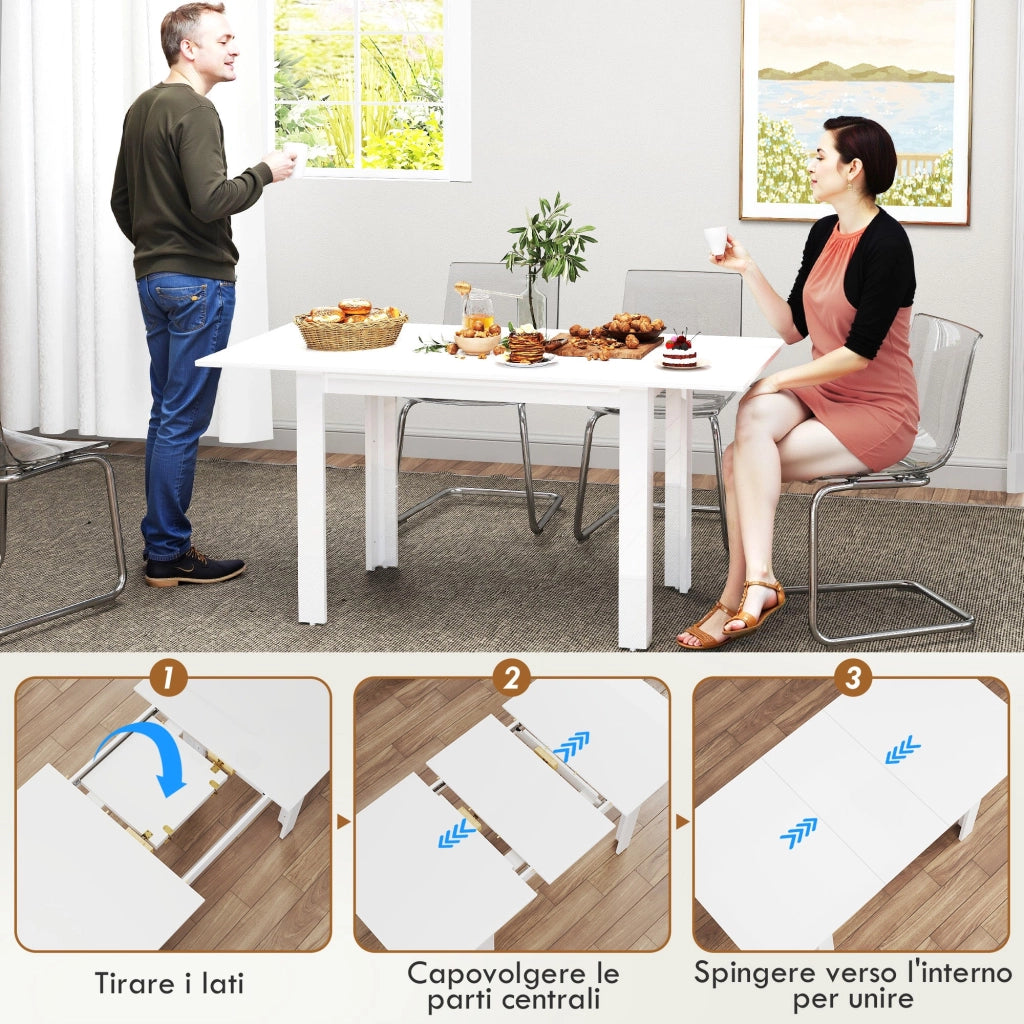 Tavolo da Pranzo Allungabile 120-160x80x78 cm per 4-6 Persone con Pannelli a Ribalta in Legno Bianco