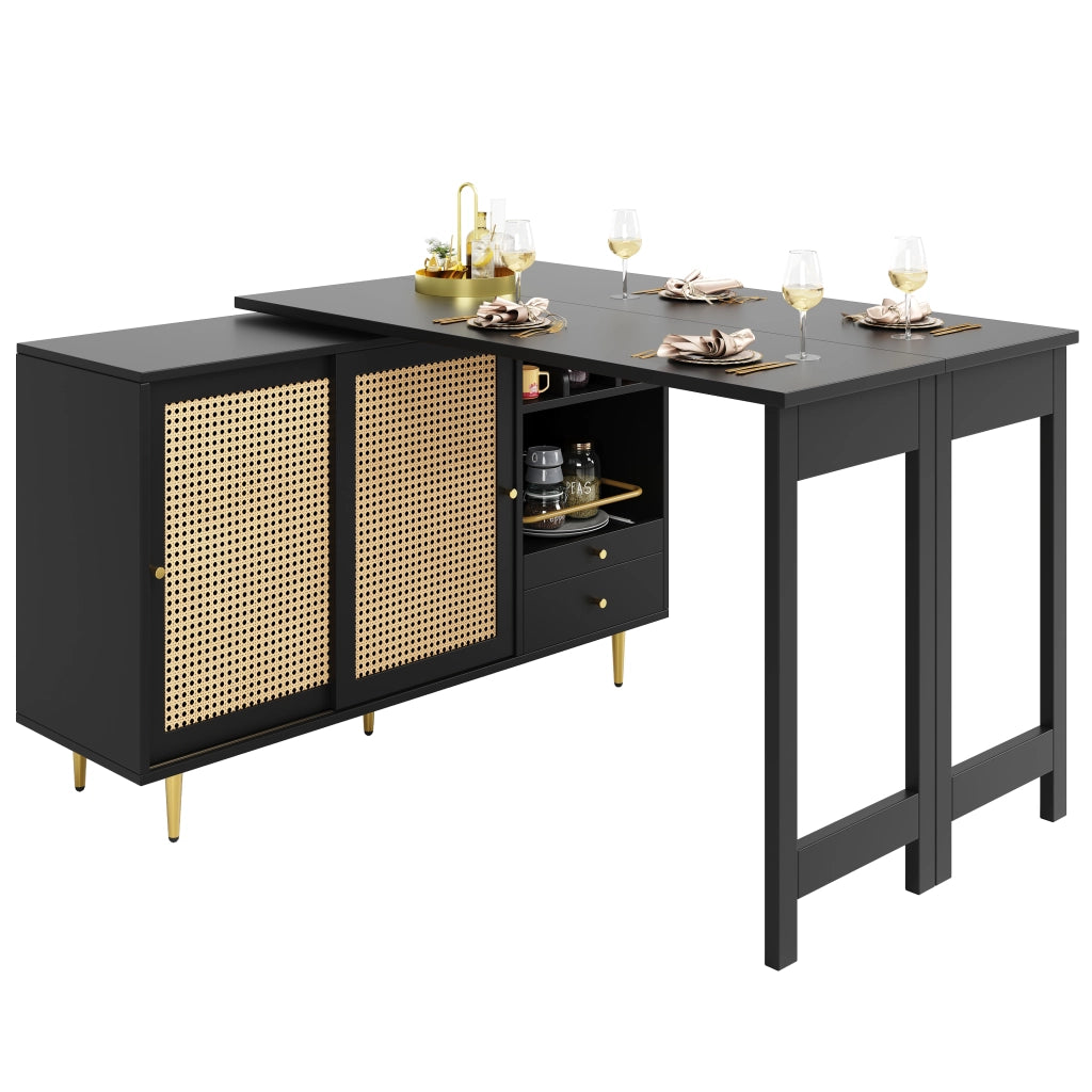 Mobile Bar con 1 Anta in Rattan; 1 Cassetto; Piano Girevole a 360° Estensibile; in MDF; 107 x 40 x 71.4 cm; Nero