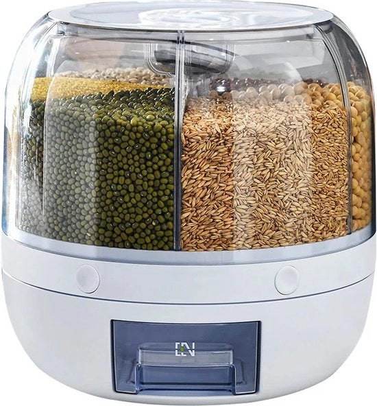 Dispensatore rotante a 360 gradi con 6 celle - contenitore di conservazione a chiusura ermetica per cereali secchi - 24 x 19 x 24CM