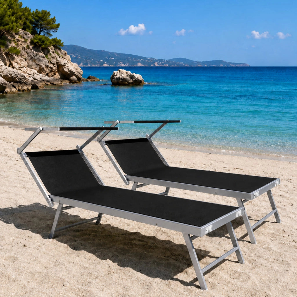 Set Di 2 Lettini Prendisole Pieghevoli Professionali In Alluminio Tettino Parasole Tettuccio Orientabile Per Mare Spiaggia Piscina Giardino Lettino Prendi Sole 182 X 60 X 38 Cm Nero