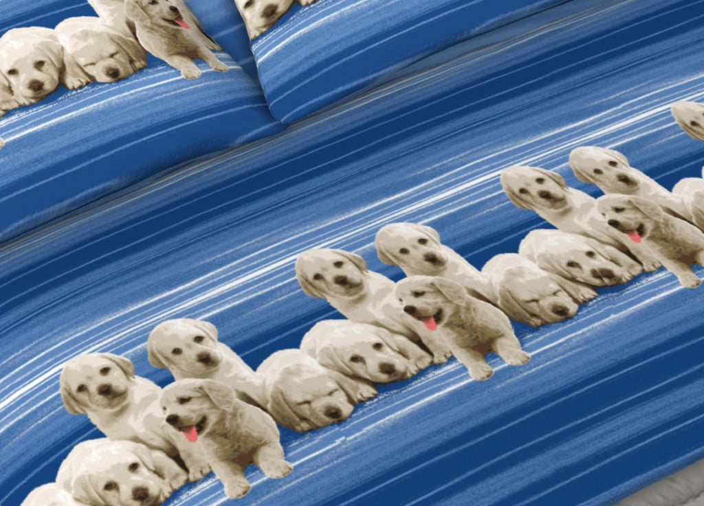 Completo Lenzuola In 100% Cotone Made In Italy Dis. Labrador Colore Blu C.N. - Matrimoniale - Blu