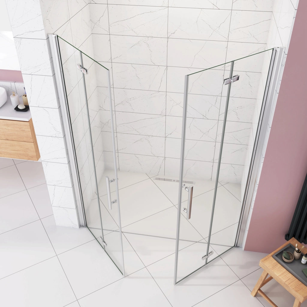 Box Doccia in Linea per Nicchia 185 cm Doppia Porta Battente 4 Ante Pieghevoli Saloon Vetro Temperato 6 mm Anticalcare 135 cm (70+70: 1318-1358 mm)