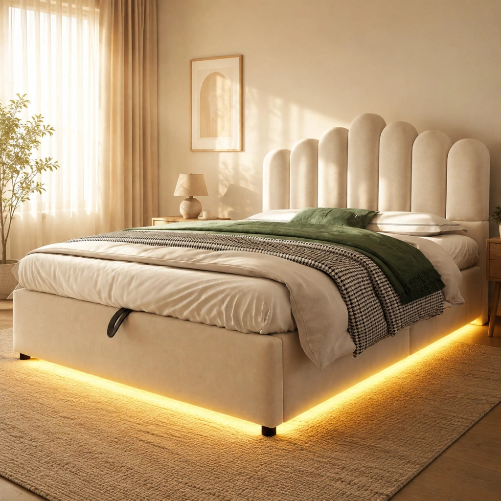 DESMIU Letto contenitore 140 × 200 cm 2 posti con LED e vano idraulico, senza materasso, in velluto, beige