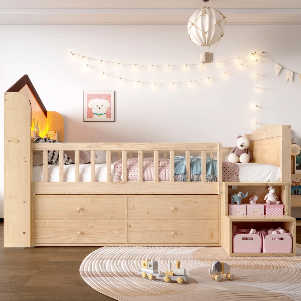 Letto per bambini a casetta 90x200 cm con LED, 4 cassetti e scala contenitore