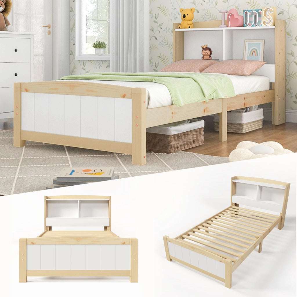 LETTO Singolo 90x200 cm in Legno Massello Bianco/Naturale con materasso incluso