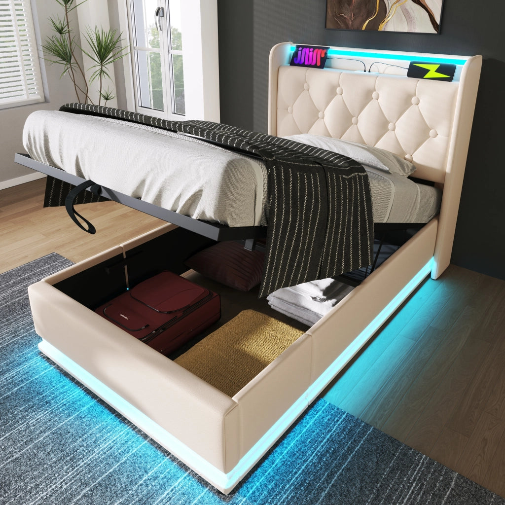 Letto singolo imbottito con LED a 360°; contenitore idraulico; testiera con porta USB/Tipo-C; PU bianco; 90x200 cm; materasso incluso