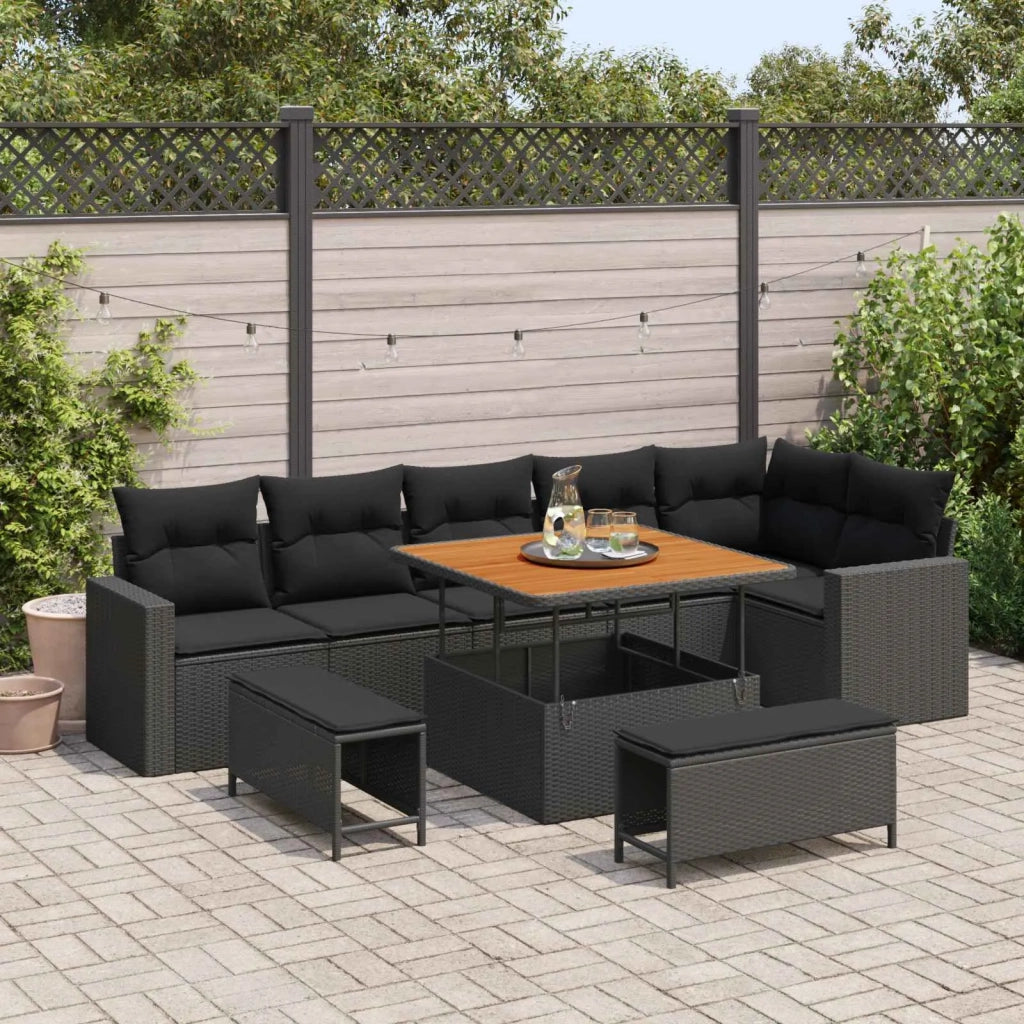 Set Divano da Giardino con cuscino 11 pcs Nero polyrattan