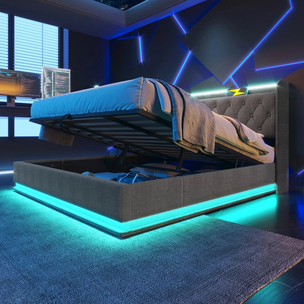Letto Imbottito Contenitore 180x200 con LED e Testiera ¨C MINIMAL ¨C Grigio, Idraulico, USB