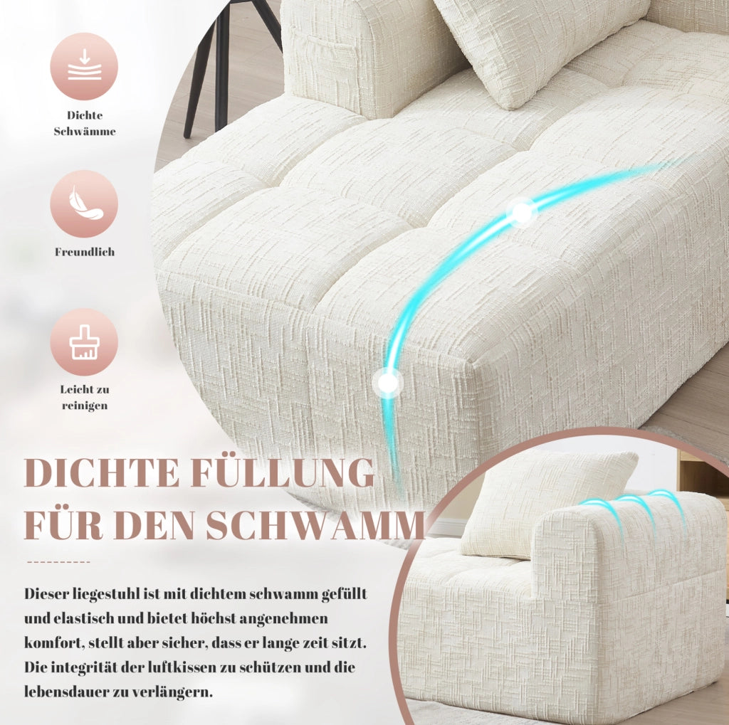 Chaise longue moderno in chenille beige 158x90x60 cm con tasche laterali e cuscino