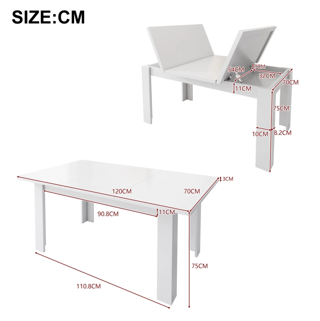 Tavolo da pranzo con vano contenitore nascosto e piano apribile in MDF bianco
