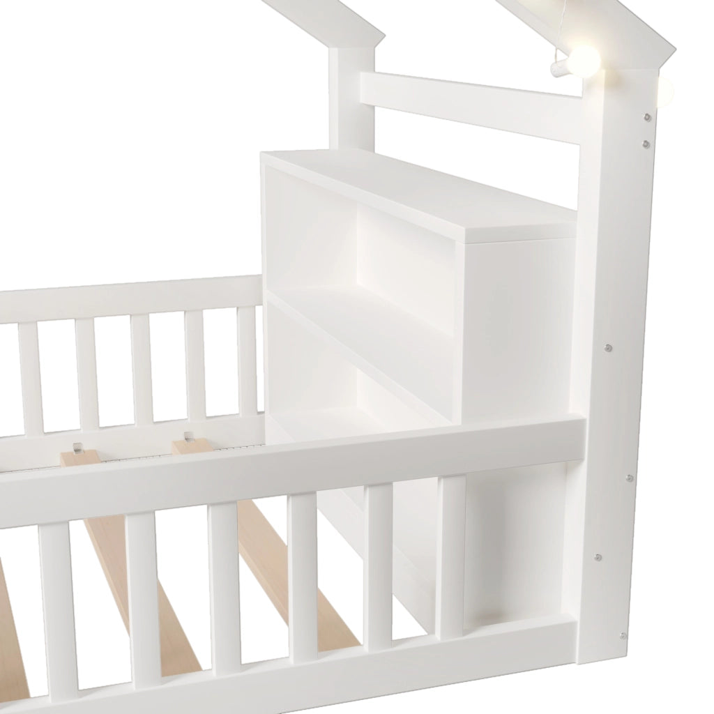 OKWISH Letto a Casetta 90×190 cm, Letto Singolo con Spondine, Mensole e Lucine Decorative, senza Materasso, in Pino, Bianco