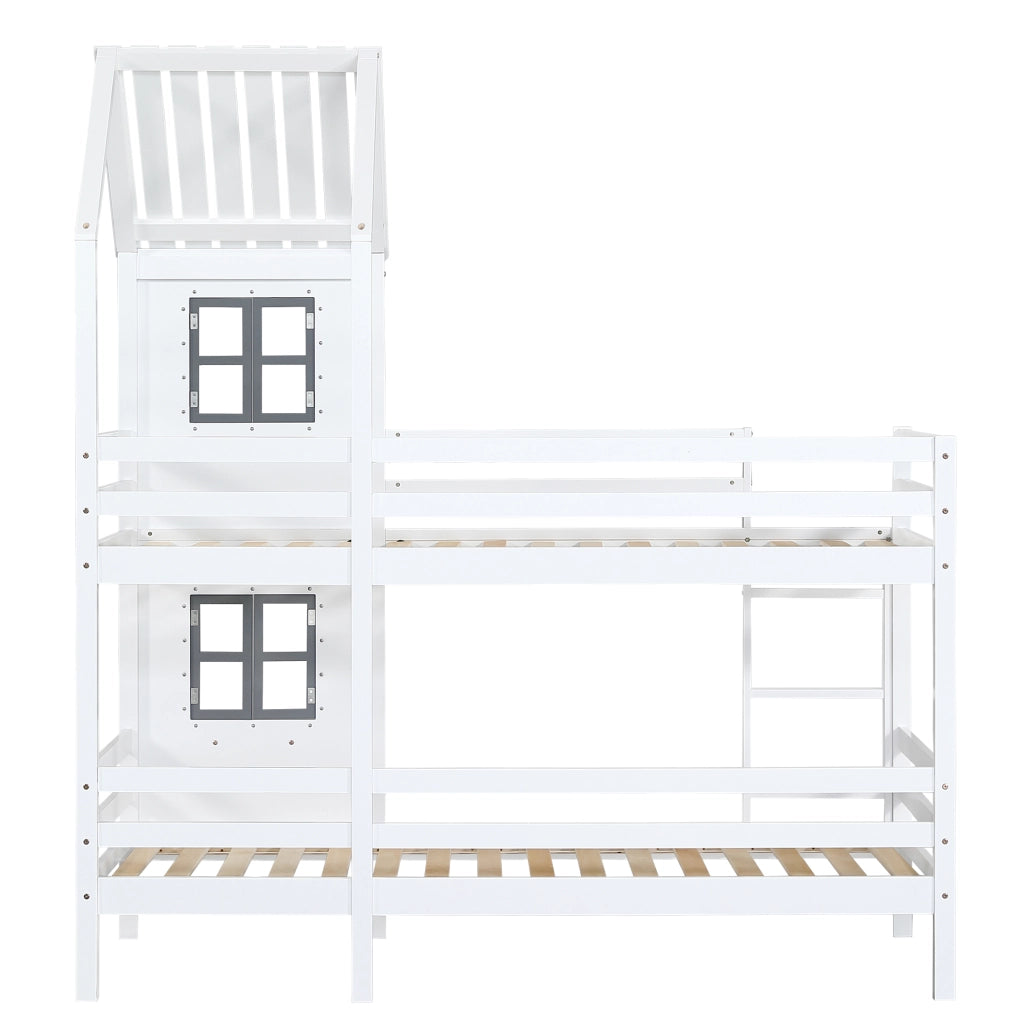 DESMIU Letto a castello bambino 90 × 200 cm con finestra, scala, sponde, senza materasso, legno, bianco
