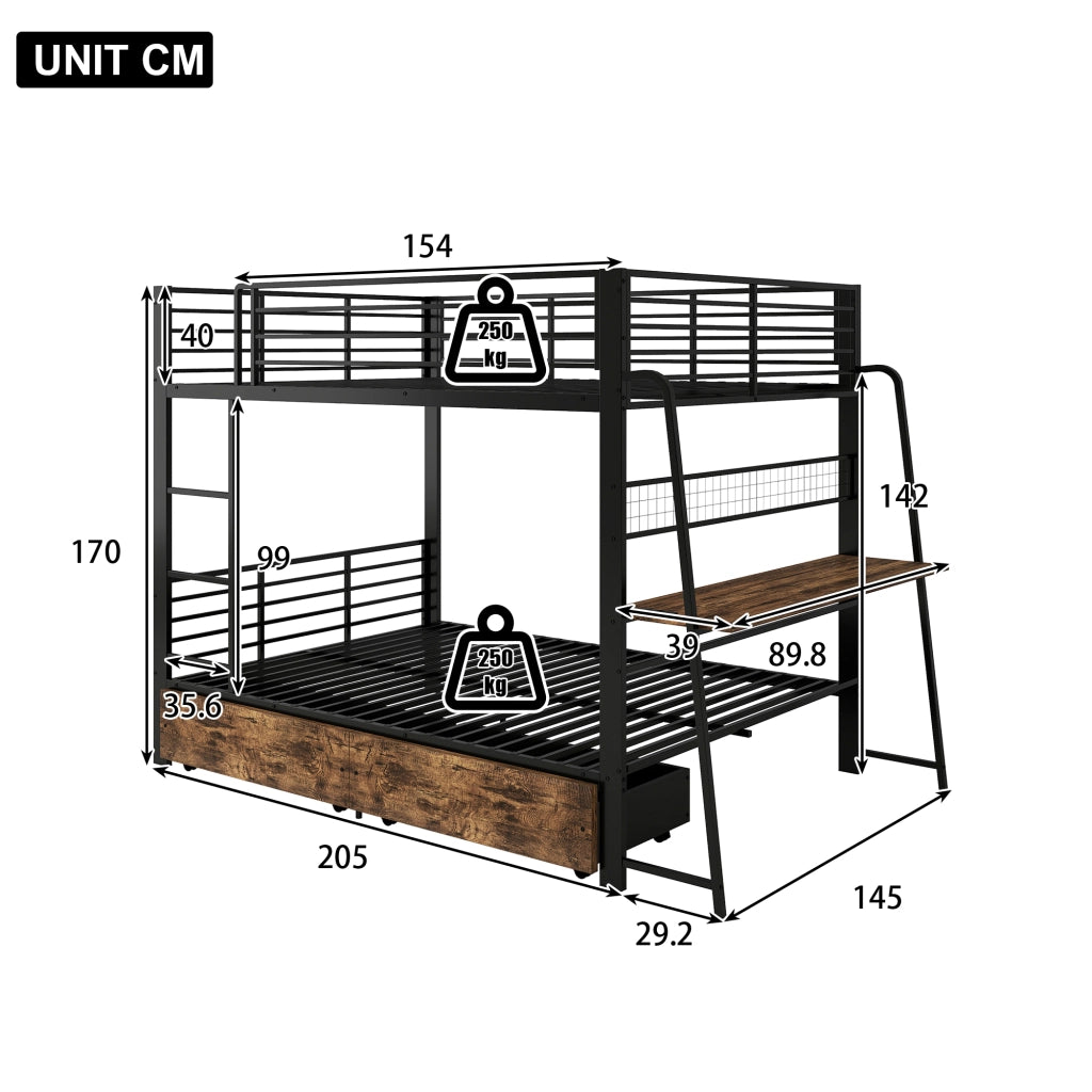 Letto a soppalco 140×200 cm con scrivania; LED regolabile; USB e Type-C; senza materasso; metallo; nero