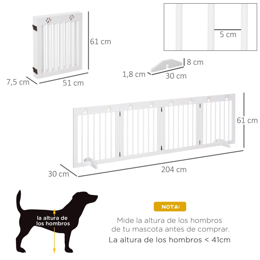 Cancelletto di Sicurezza per Cani Pieghevole 4 Pannelli ¨C Xylo ¨C Legno Bianco 204x61 cm