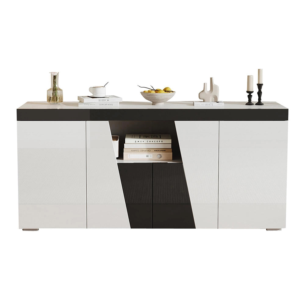 Credenza Angolare 140x40x65cm - Xylo - 3 Ante con Luci LED, Colore Bianco e Nero