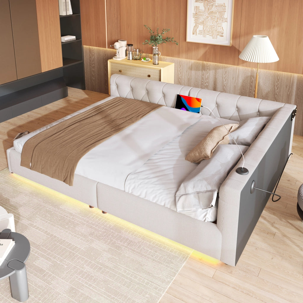 LETTO Daybed 140x200 cm in lino beige con USB Type-C e LED