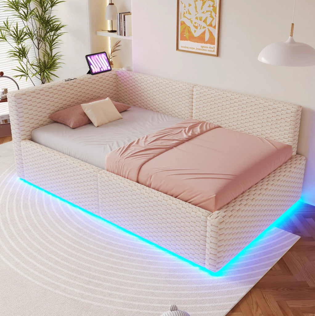Letto imbottito 90x200 cm con vano contenitore, LED e porte USB/Type-C