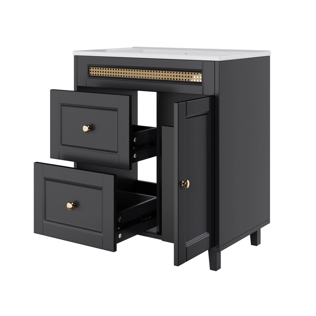 Mobile Sottolavabo da Bagno con Lavabo in Ceramica ¨C MINIMAL ¨C Nero, Cassetti, Ante, 76x46x87