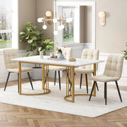 Set Tavolo da Pranzo con 4 Sedie ¨C Xylo ¨C Piano MDF Bianco, Gambe Dorate, Velluto Beige, 140x80 cm