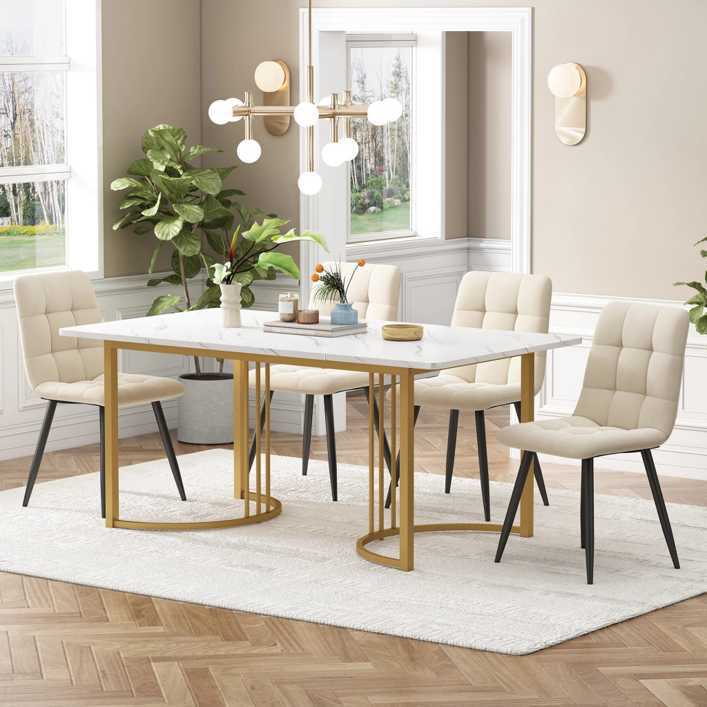 Set Tavolo da Pranzo con 4 Sedie ¨C Xylo ¨C Piano MDF Bianco, Gambe Dorate, Velluto Beige, 140x80 cm